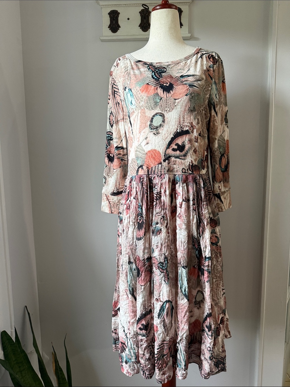Peruvian Connection Pink Floral Long-Sleeve Midi Dress with Teal Accents